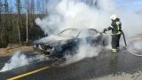 На трассе «Кола» под Апатитами полыхал автомобиль: шесть пожарных боролись с огнем