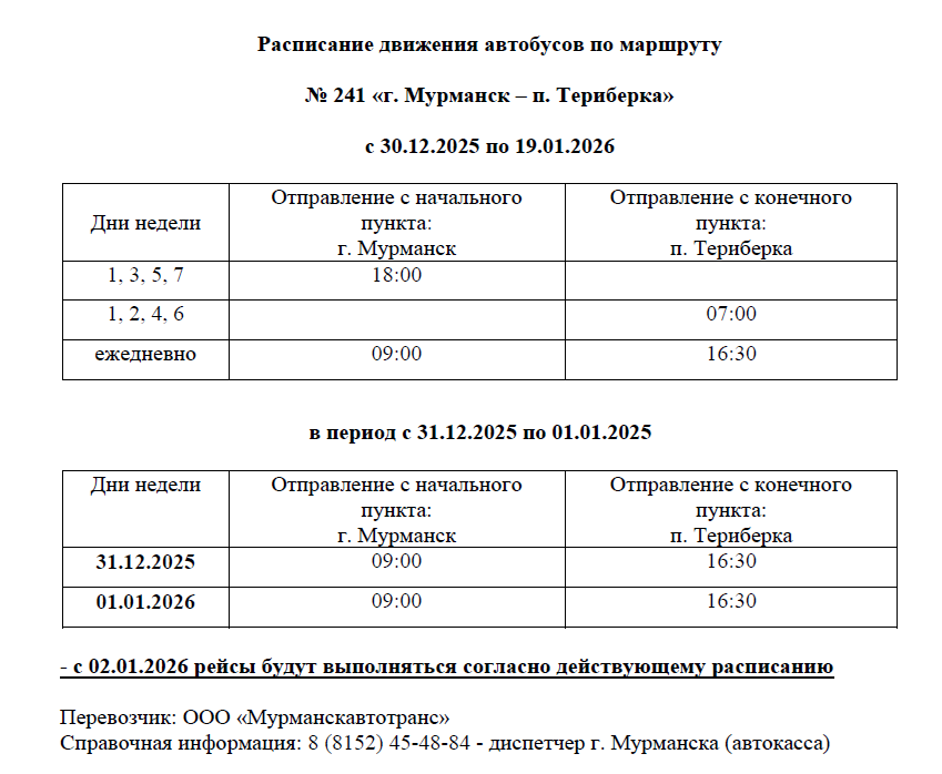 Расписание автобуса в Териберку Новый год