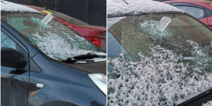 Сосулька пробила лобовое стекло машины в Мурманске на Кольском