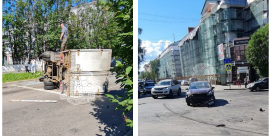 Грузовой автомобиль перевернулся на ул. Карла Маркса в Мурманске
