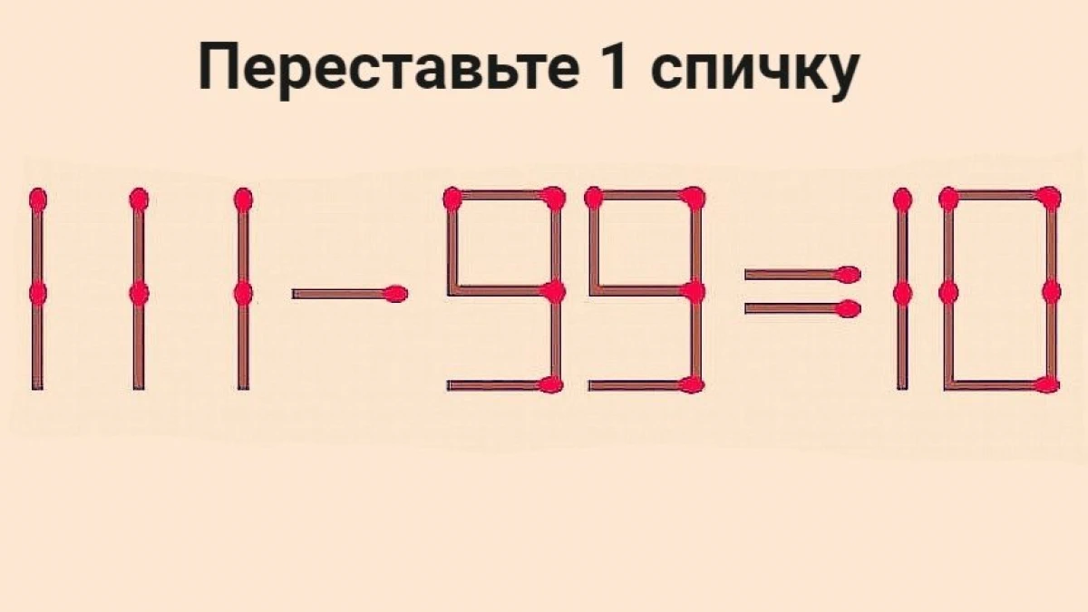 Переставьте 1 спичку в 111–99=10: решают лишь избранные — на обдумывание 25 секунд