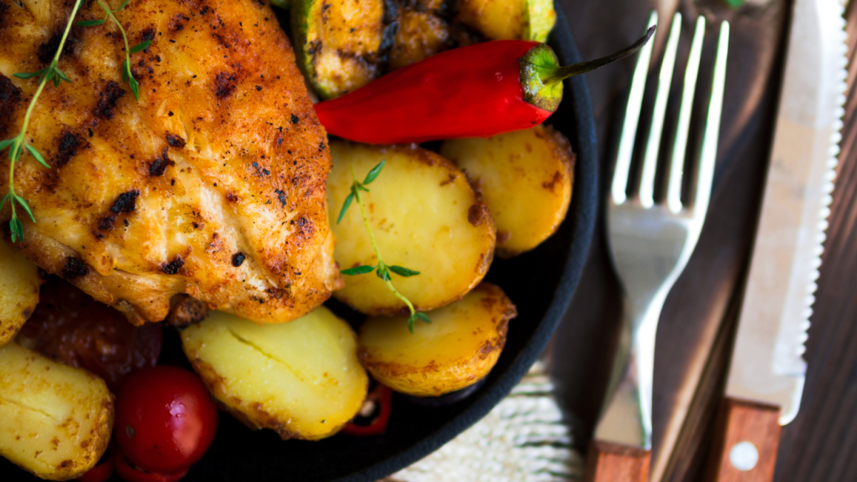 Курица с картошкой на сковородке с овощами