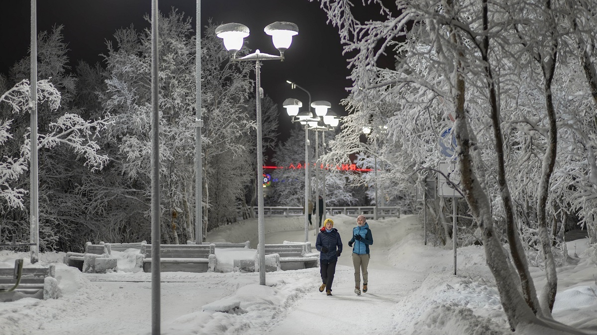 люди бегут по зимней аллее