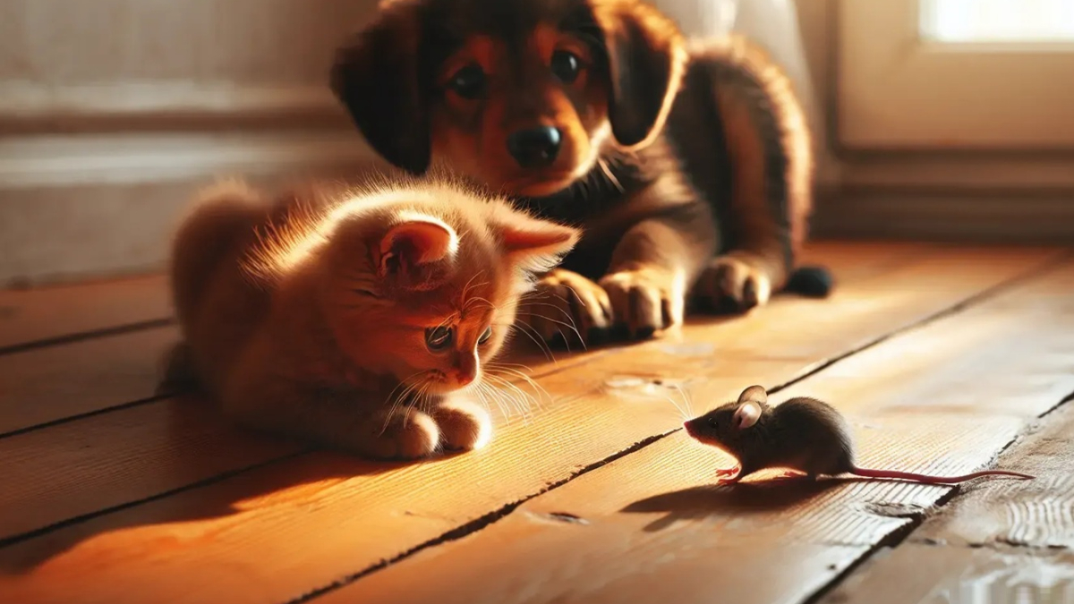 щенок, котенок и мышонок