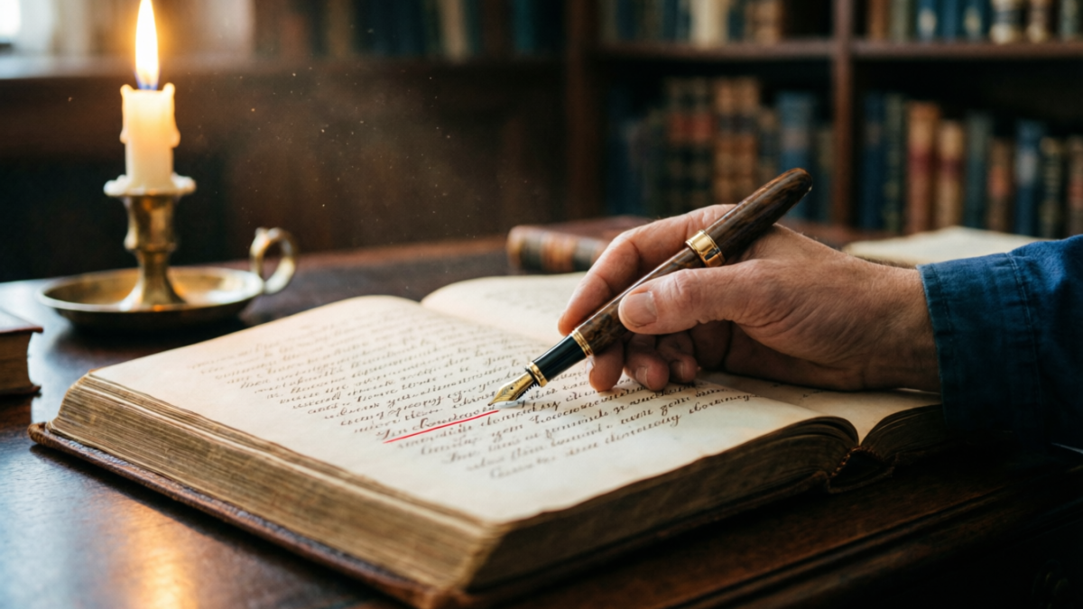 Ручкой подчеркивает слова в книге