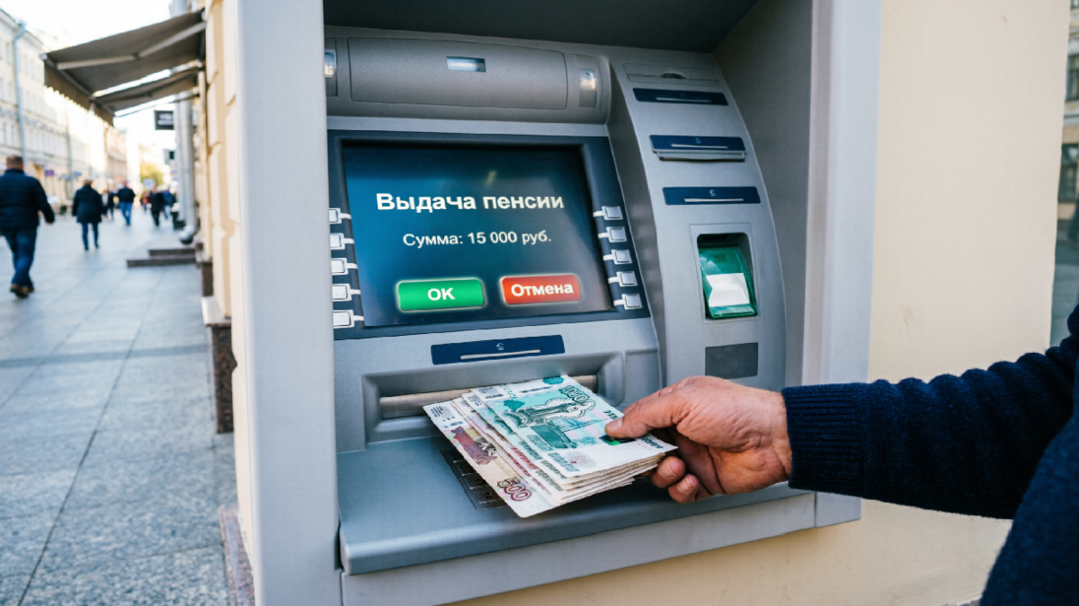 рука с деньгами у банкомата