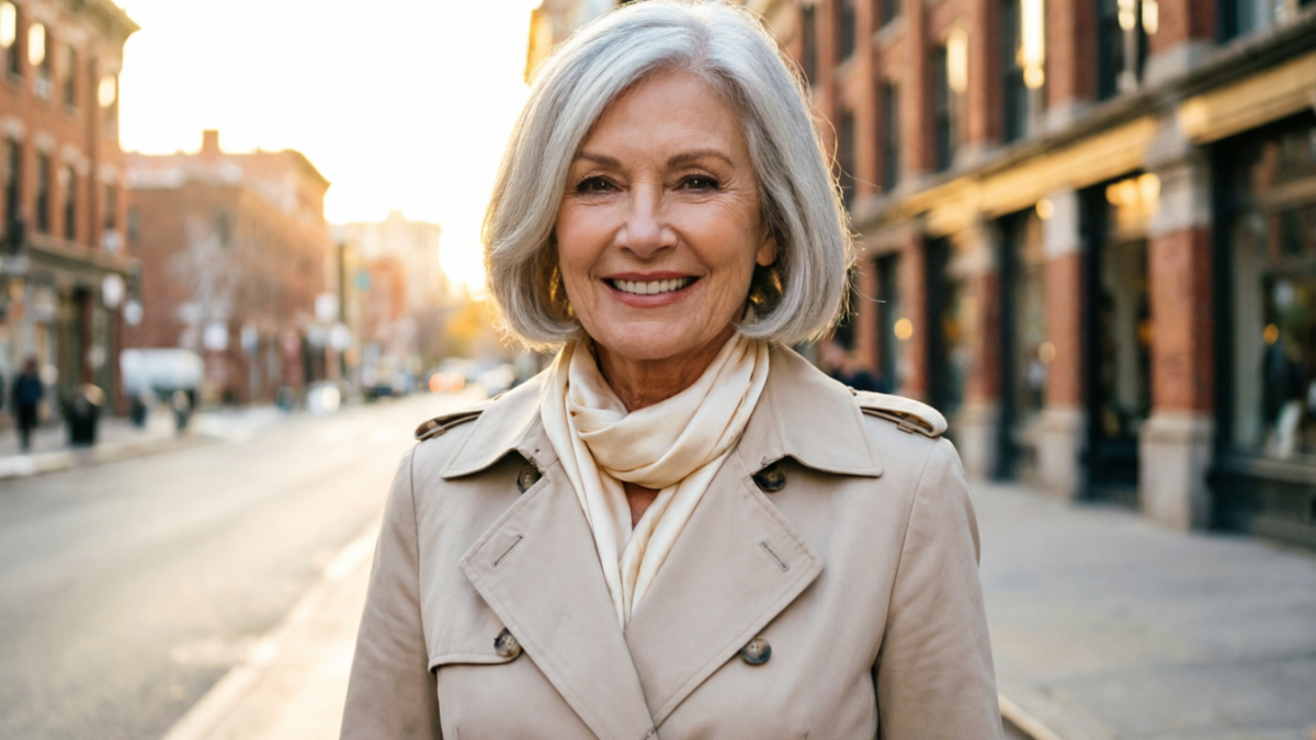 Женщина 60 лет улыбается на улице