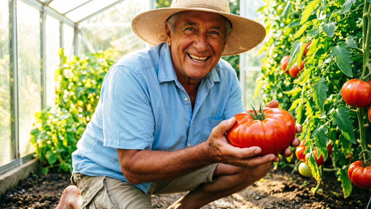 Дачник улыбается в теплице