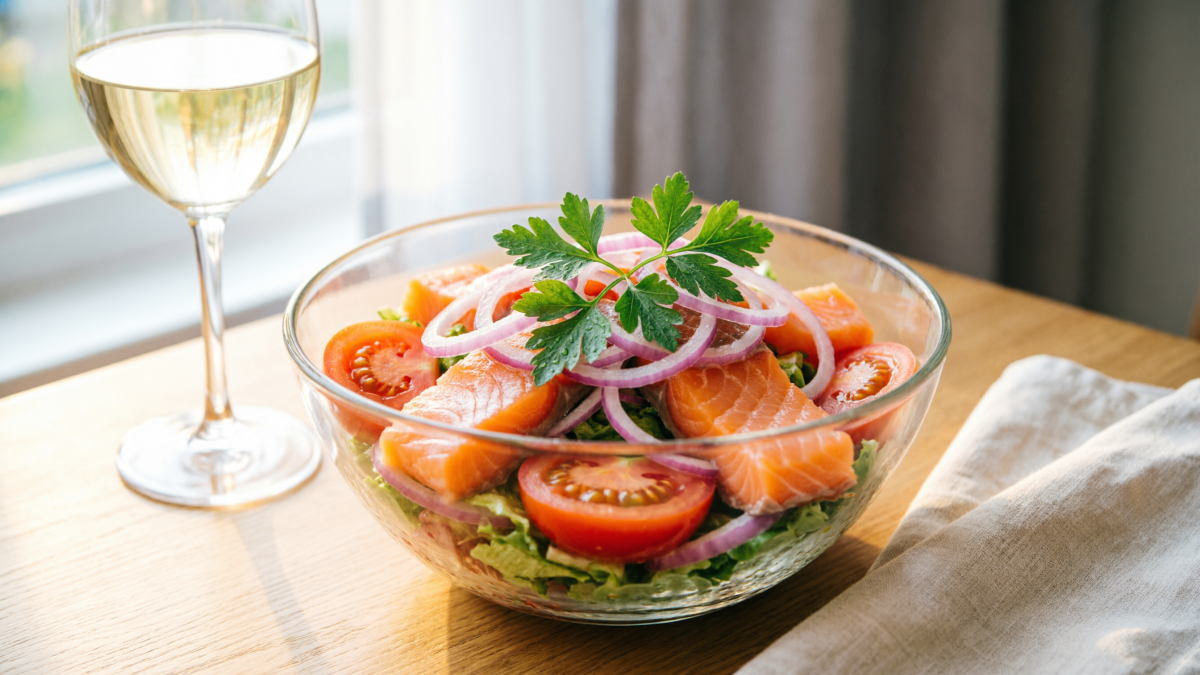 Салат на столе и бокал