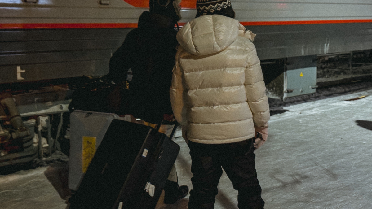 Туристы с чемоданом у поезда