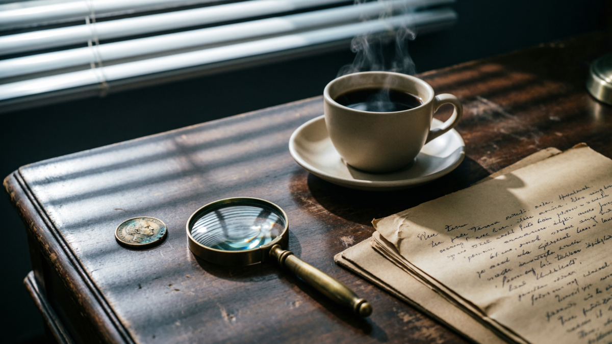 Деревянный стол с лупой, монетой и протоколом