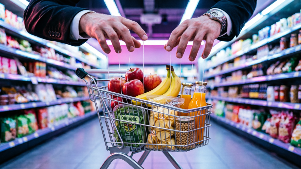 Руки управляют тележкой с продуктами