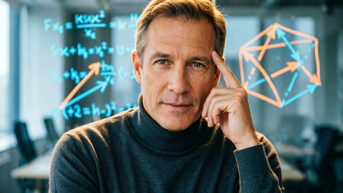 Мужчина в водолазке на фоне формул