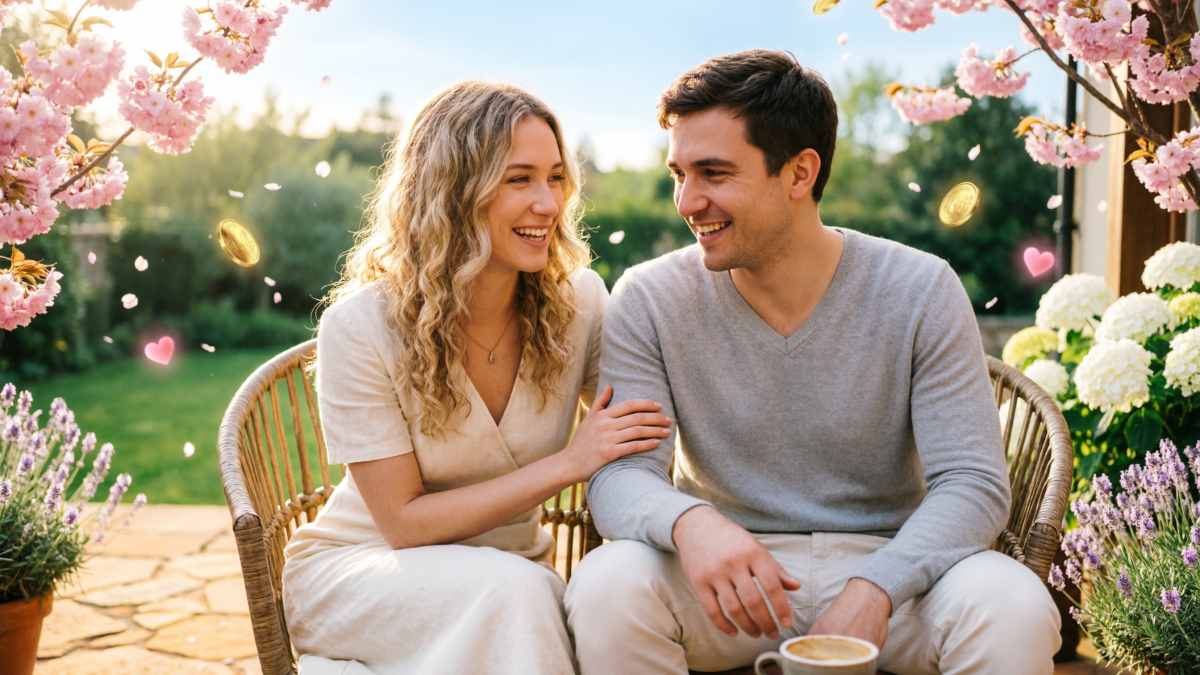 Пара сидит в окружении цветов и монет