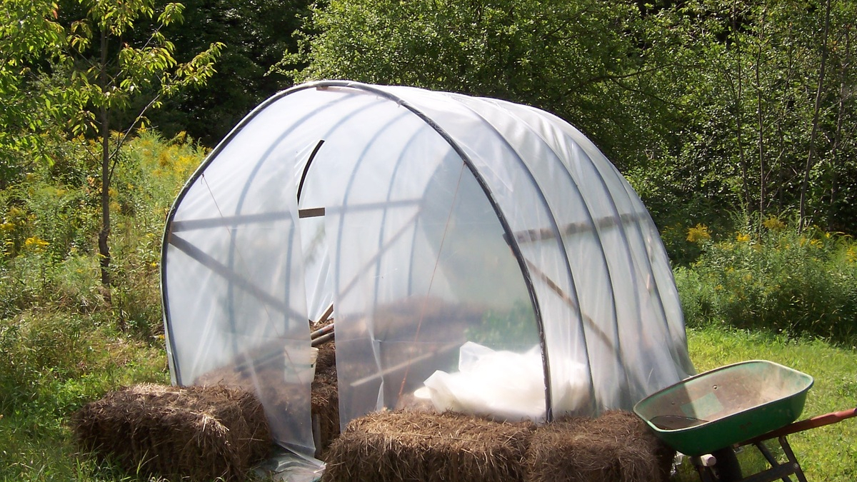 Теплица и тачка в саду