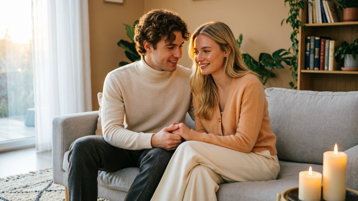 Пара сидит на диване