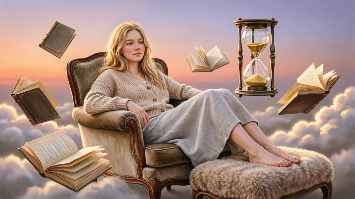 Девушка сидит в облаках посреди книг