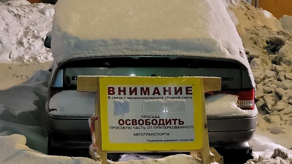 Машина под снегом, знак о снегоуборке