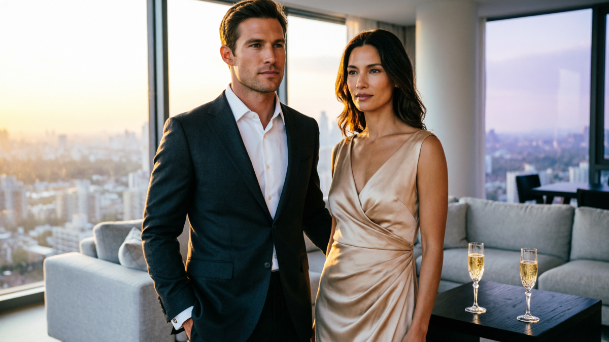 Пара на фоне панорамного окна