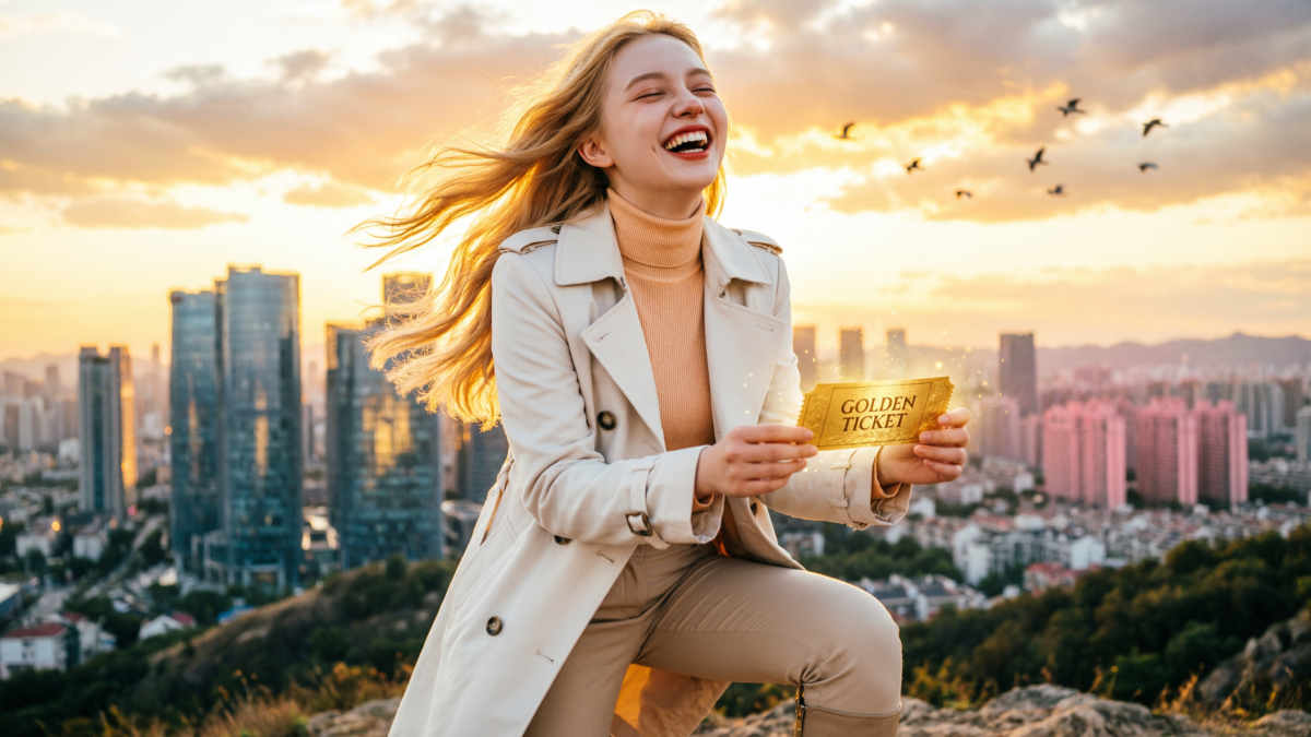 Девушка с золотым билетом на холме