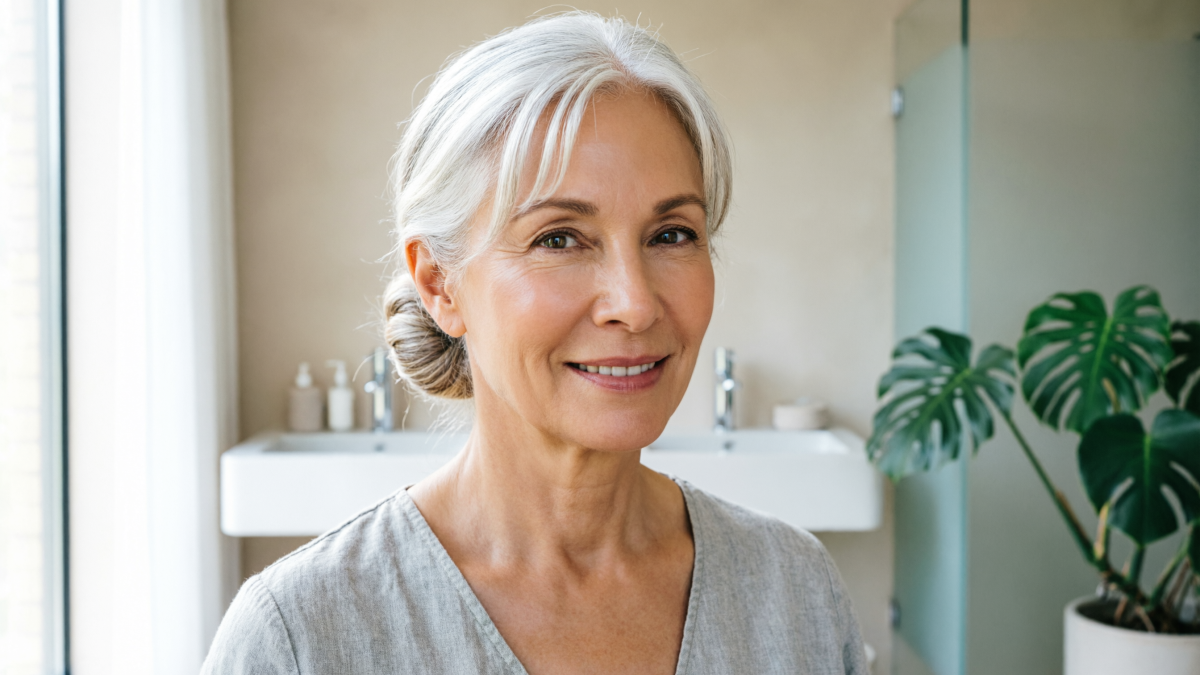 Пожилая женщина на фоне уходовых средств