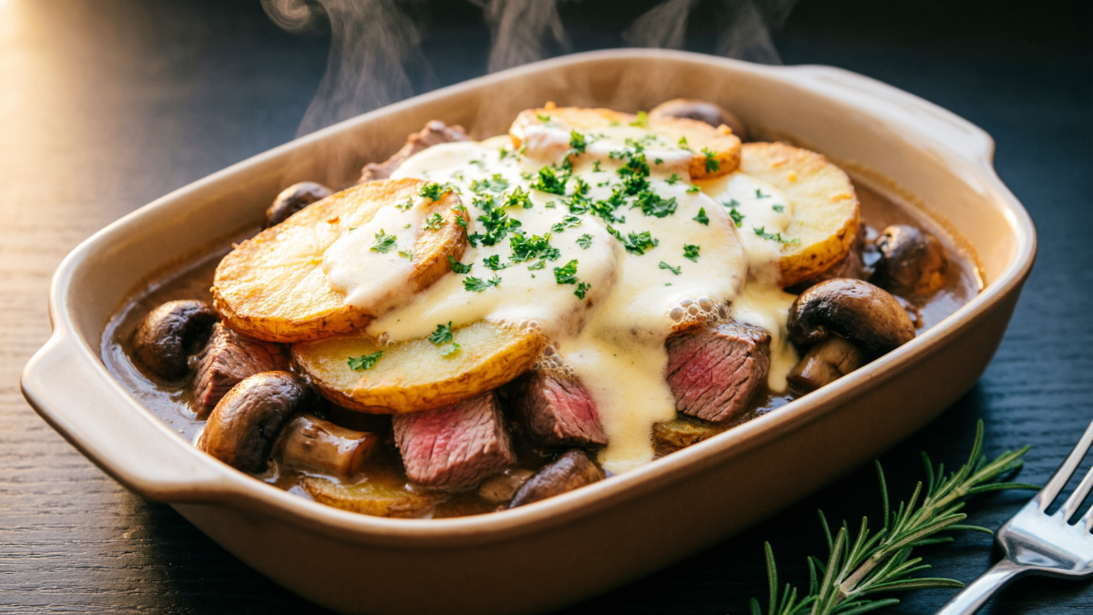 Бефстроганов с грибами и картофелем