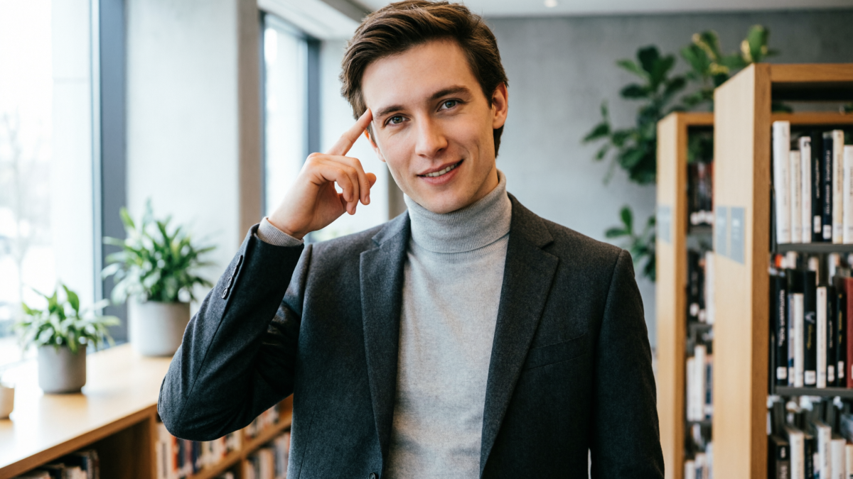 Мужчина показывает на голову