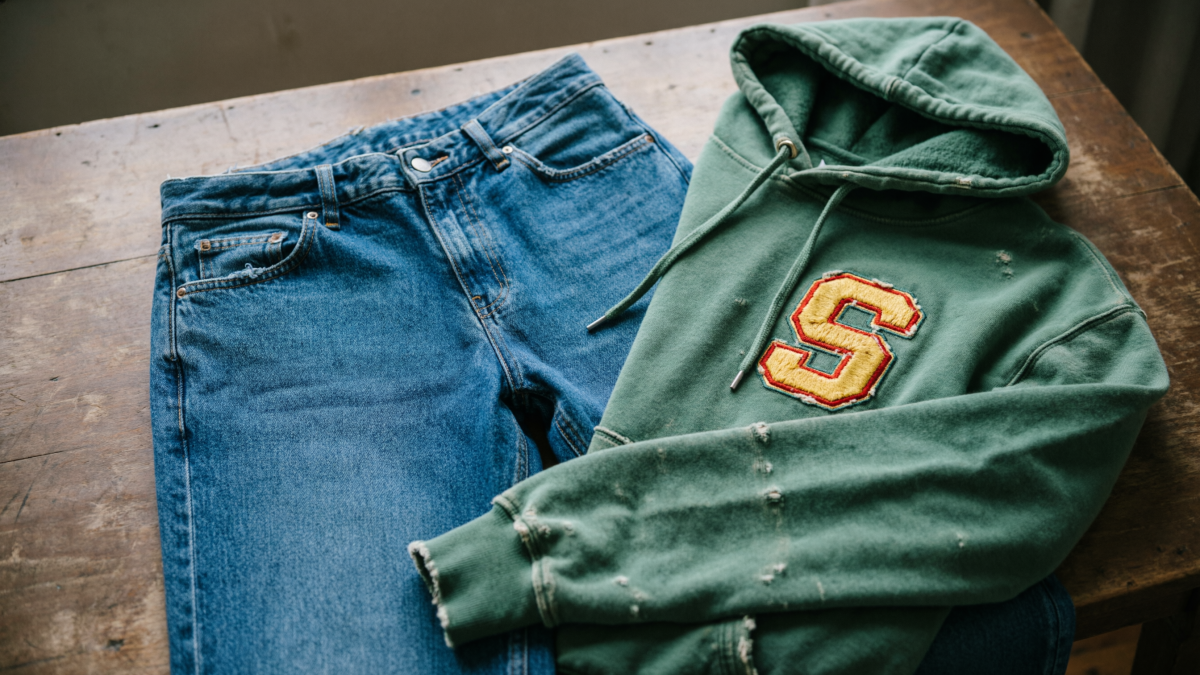 Джинсы и свитшот на столе