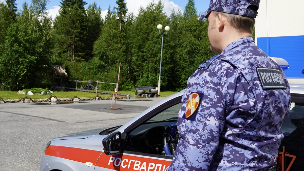 сотрудник Росгвардии стоит возле автомобиля