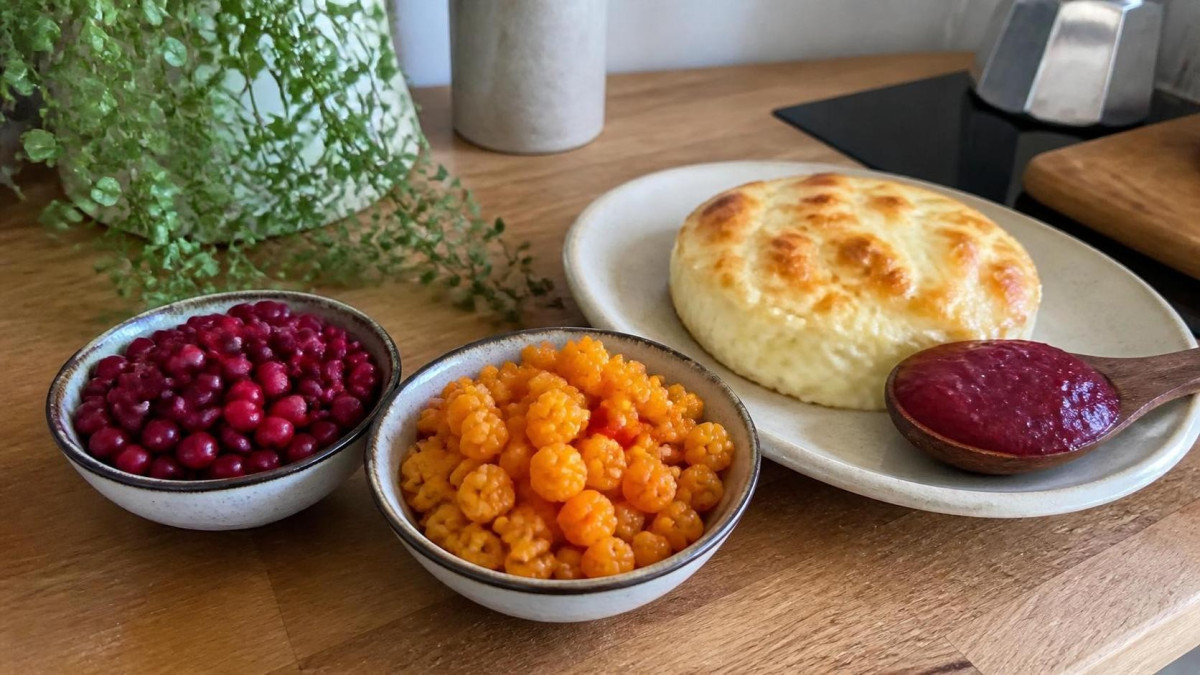 Свежая клюква и морошка в глиняных пиалах на уютной кухне