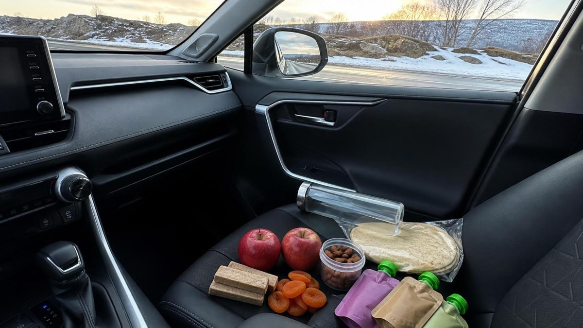 Аккуратно упакованные продукты для долгой поездки в чистом салоне автомобиля