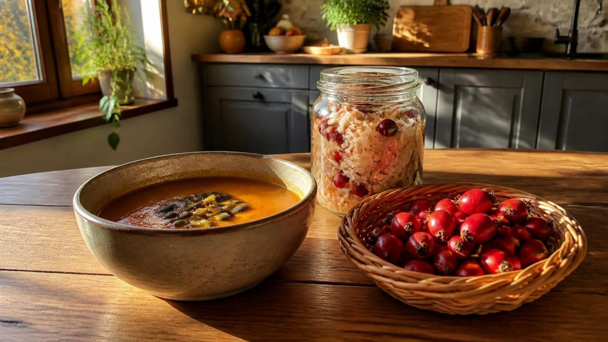 Осенние полезные продукты для иммунитета: тыква, квашеная капуста и шиповник на кухонном столе