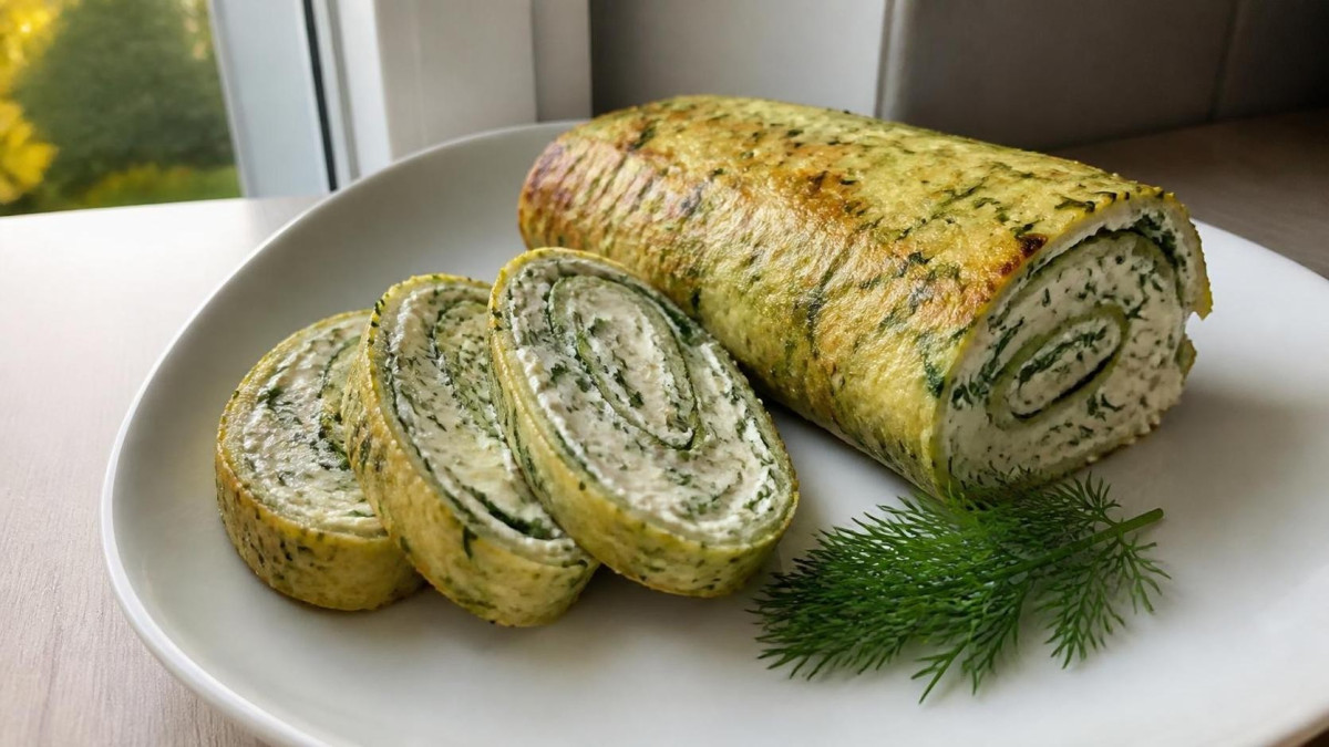 Нарезанный рулет из кабачков с творожным сыром и укропом