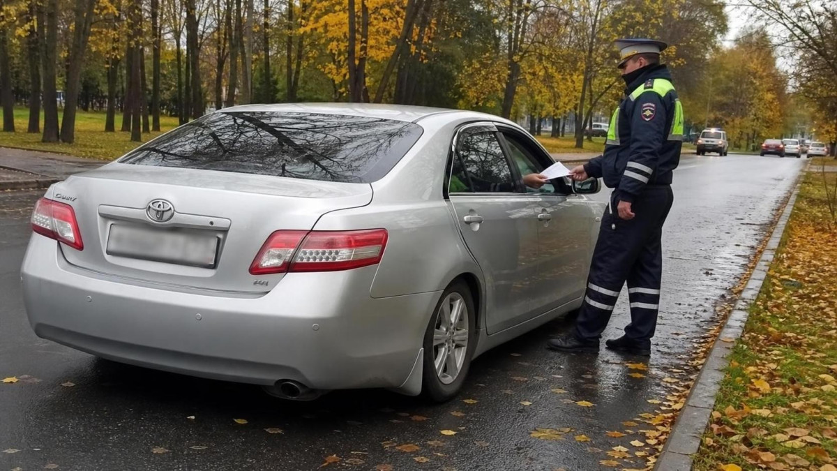 Инспектор ГИБДД останавливает автомобиль осенью