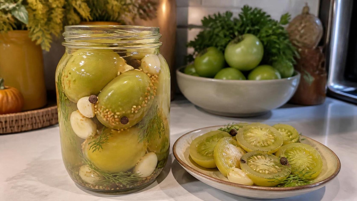 Хрустящие маринованные зеленые помидоры с чесноком и укропом