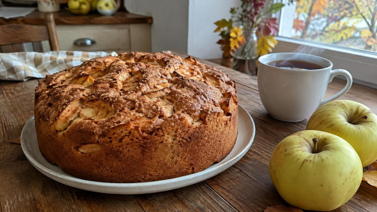 Пышная осенняя шарлотка с яблоками на кухонном столе
