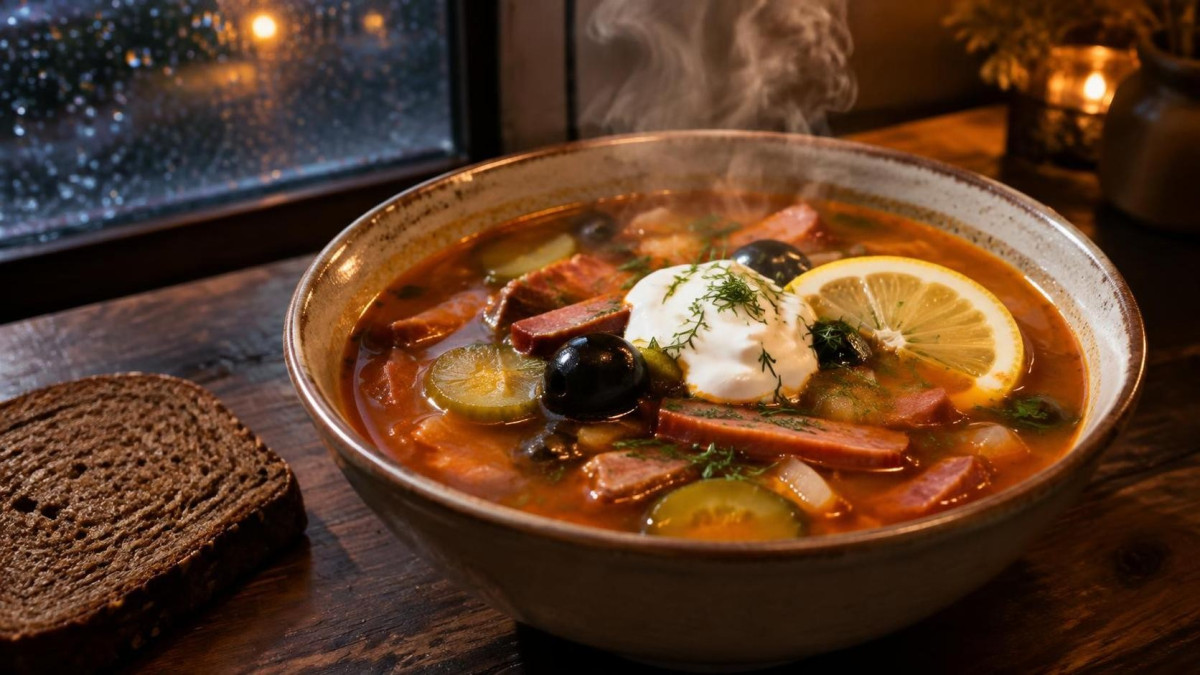 Тарелка наваристой мясной солянки с лимоном и сметаной на осеннем столе
