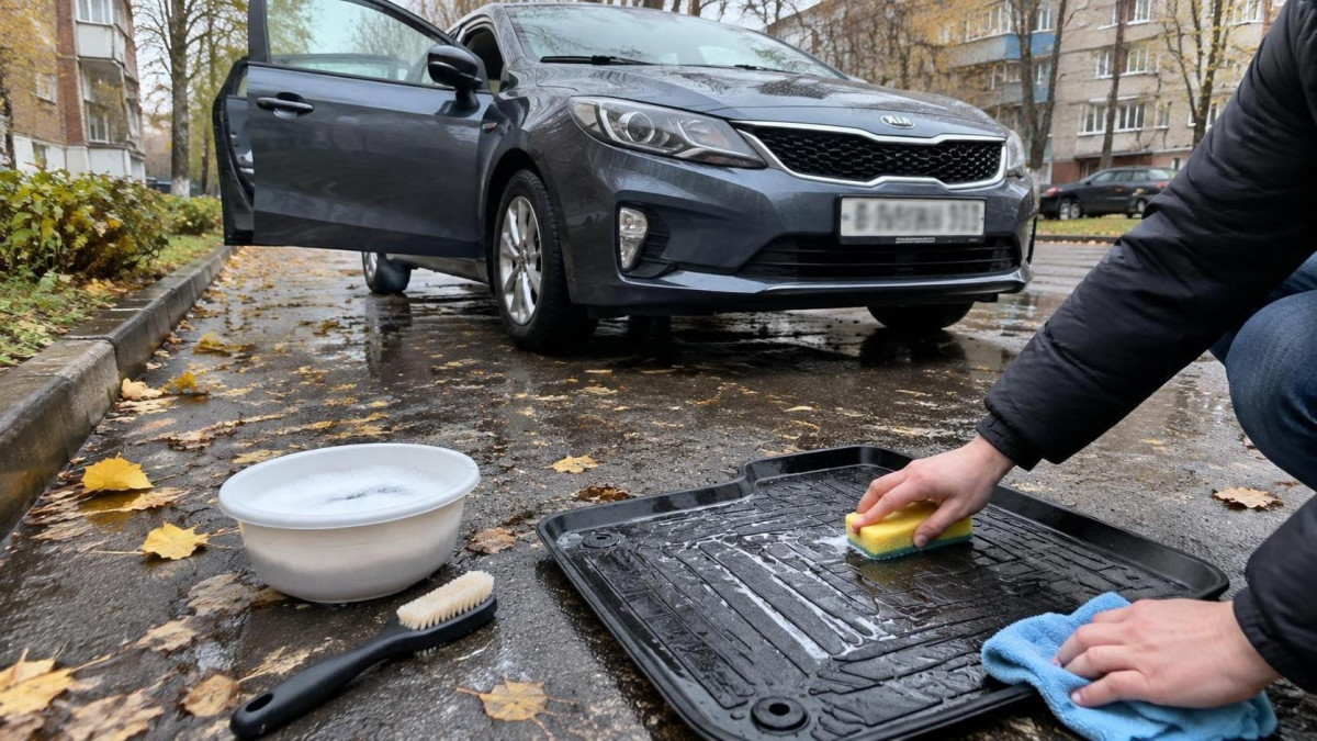 Очистка автомобильного коврика от осенней слякоти домашним раствором