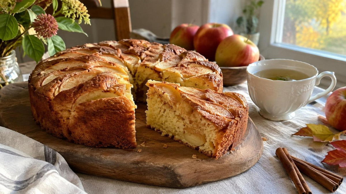 Пышная диетическая шарлотка с яблоками на деревянной доске