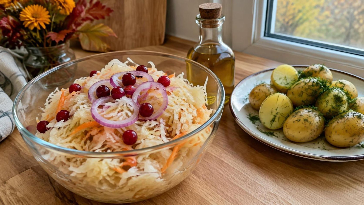 Квашеная капуста с клюквой и маслом на деревянном столе