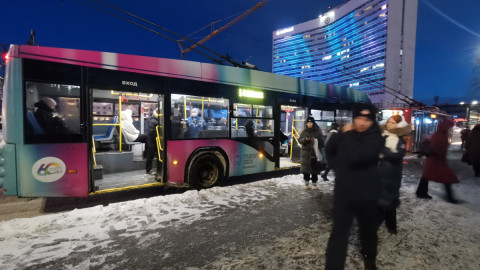 Троллейбус на остановке в центре Мурманска