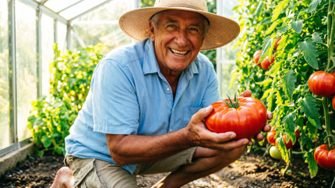 Дачник улыбается в теплице