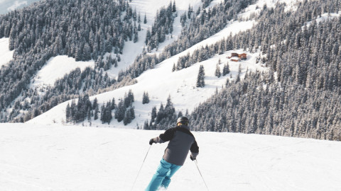лыжник катается на горной трассе