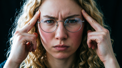 Девушка в очках держится за виски