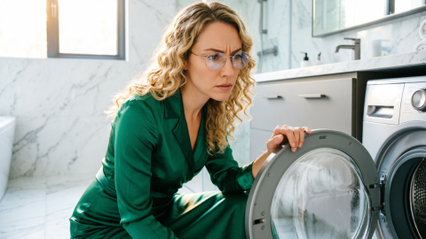 Женщина открывает дверь стиральной машины