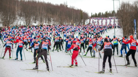 Лыжники бегут