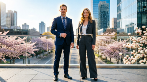 Пара в деловых костюмах стоит на террасе