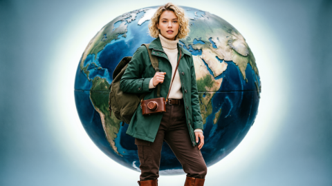 Девушка на фоне большого глобуса