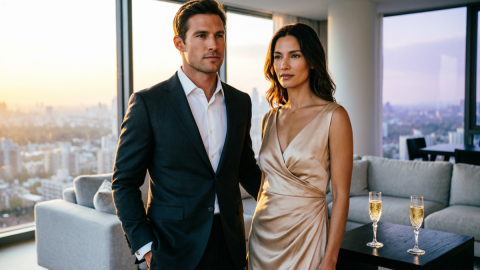 Пара на фоне панорамного окна