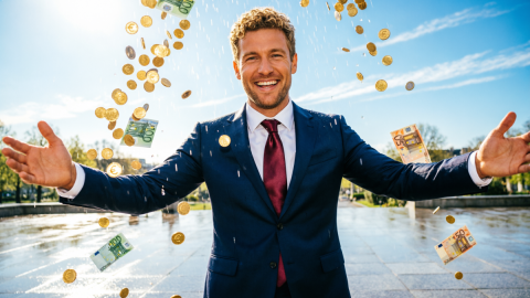 Человек и падающие монеты с купюрами